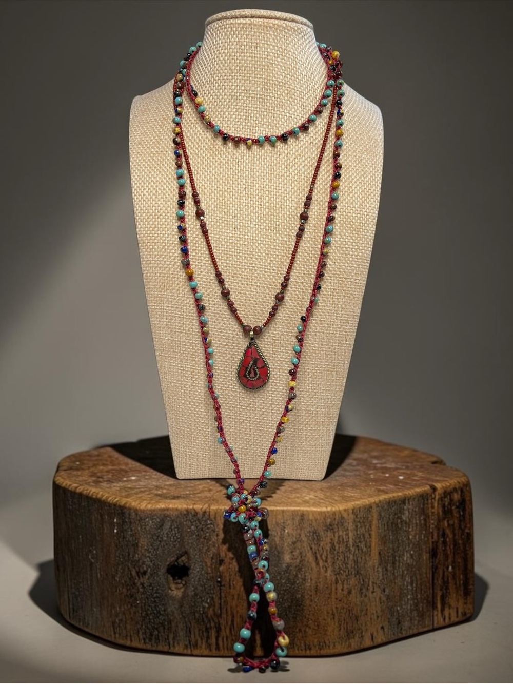Beleza Curated Boho Mosaic Teardrop Pendant & Long Multicolor Beaded Necklace Se